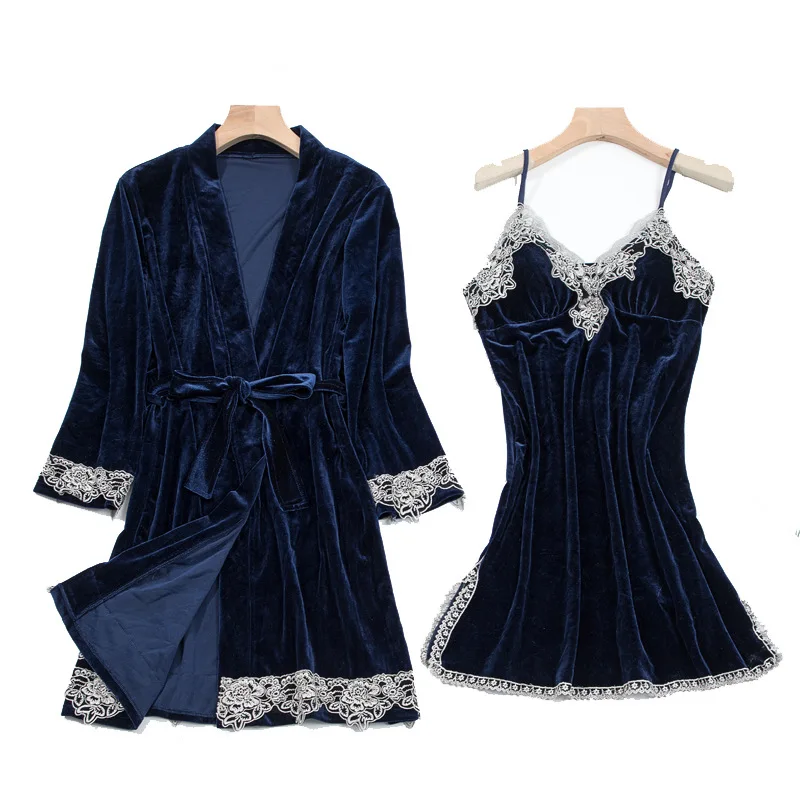 Spring Autumn Velour Sleepwear Soft 2PCS Nighty&Robe Suit Casual Nightwear Nightgown Velvet Kimono Bathrobe Gown Nightdress