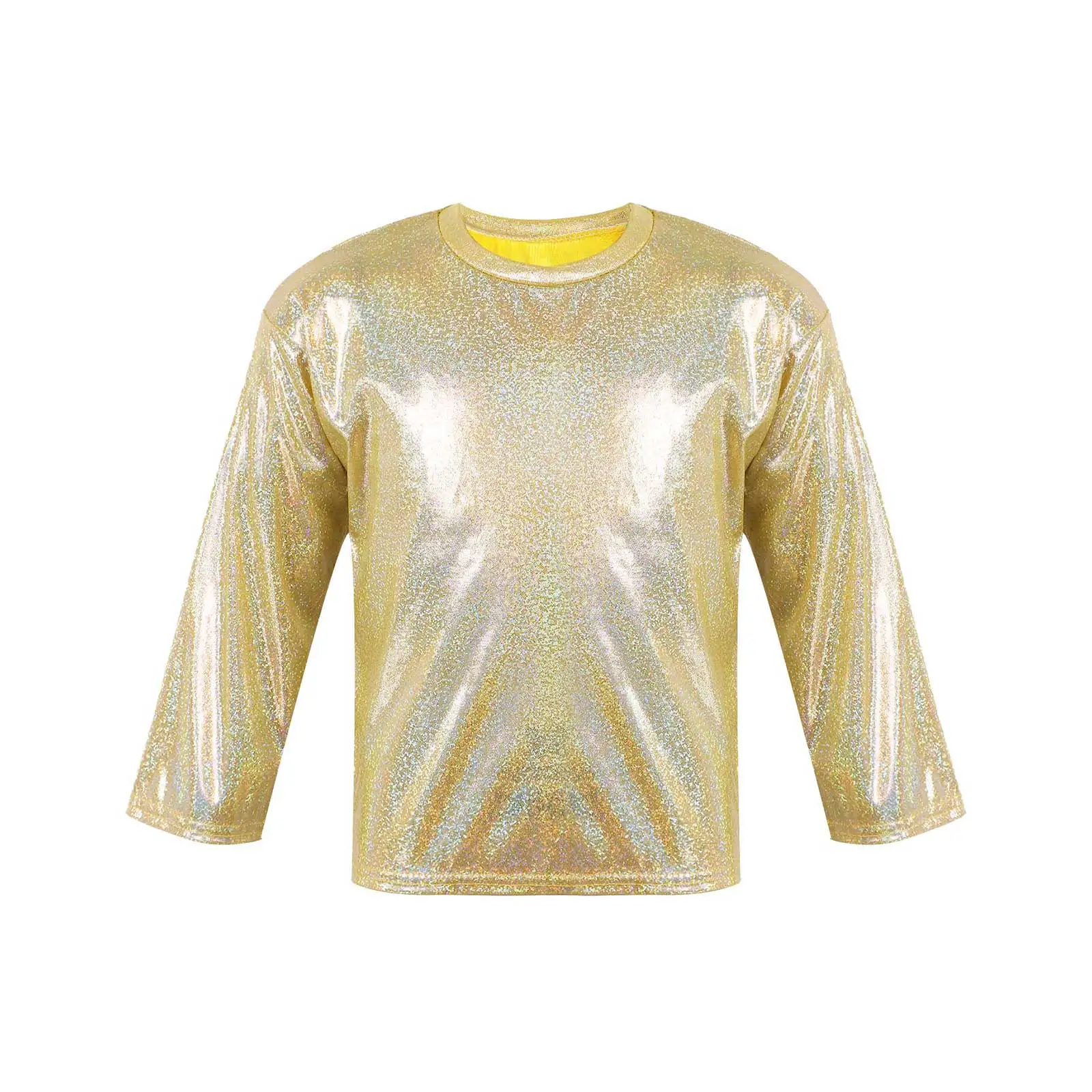 

Hip Hop Kids Girls Dance Top Shiny Metallic Bronzing Cloth T-shirt Long Sleeve Loose Tops For School Dancing Performance Party