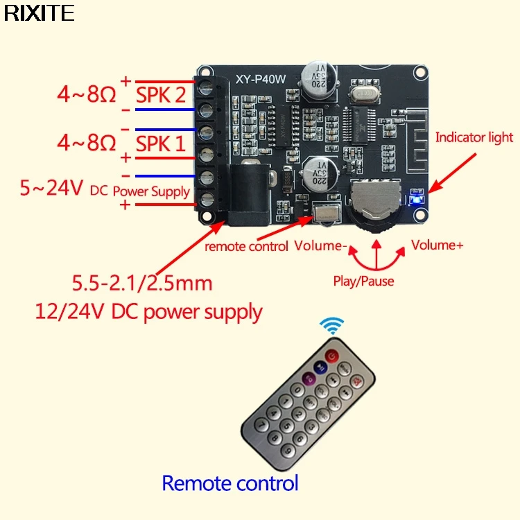 XY-P40W Bluetooth 5.0 Power Amplifier Audio Board Stereo Digital Amplifier Small Stereo AMP Home Theater With Remote Control