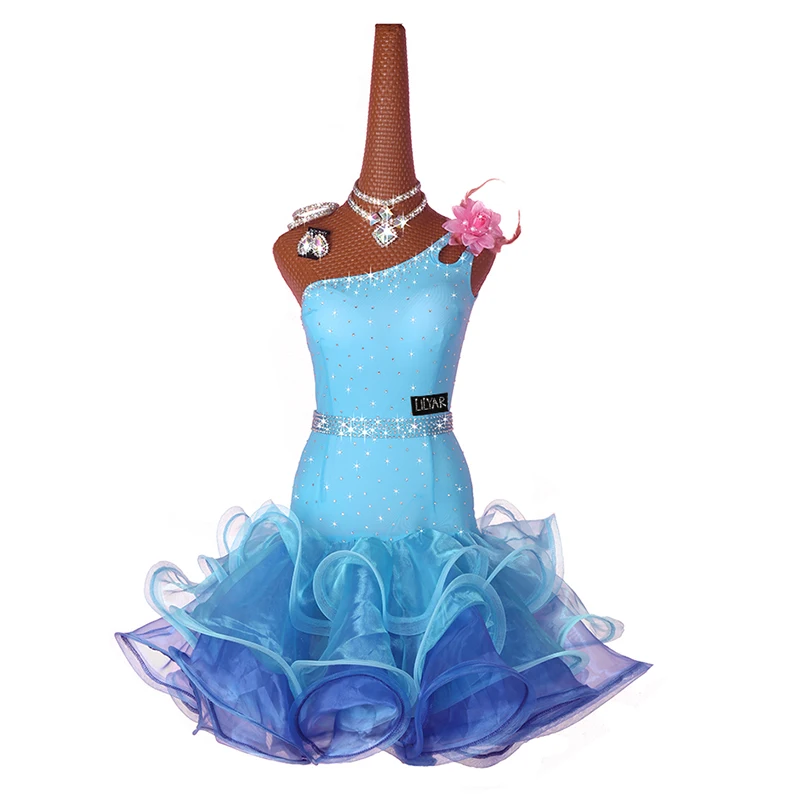 New Latin Dance Dress, Competition, Performance, Adult Children\'s Lake Blue Skirt Dance Dress