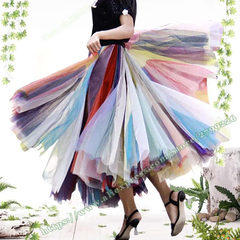 2026 Female Clothing Fashion Rainbow Neon Stitching Mesh Big Hem Maxi puff Skirt Umbrella Holiday Long Womens Skirts