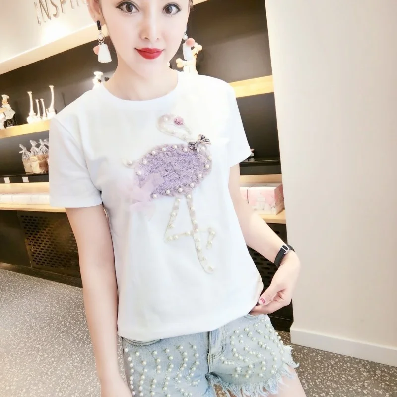 Women Summer Casual Slim Fit T-Shirt Lace Pearls Flamingo T-Shirts O-Neck Short Sleeve Pullover Tops Female Kawaii Graphic Tees