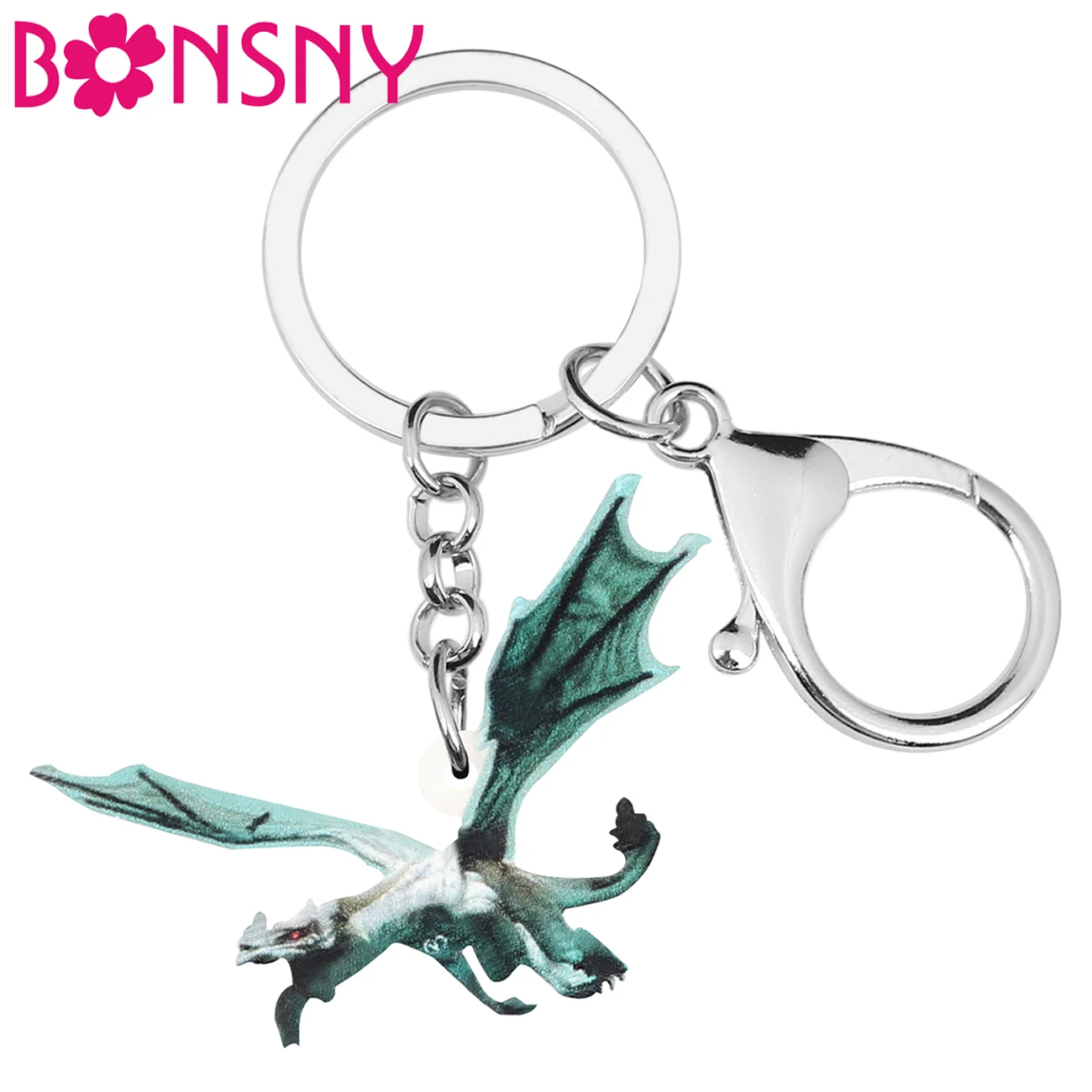 Bonsny Acrylic Green Flying Dinosaur Dragon Keychains Key Ring Animal Jewelry For Women Handbag Purse Accessories Trendy Gifts