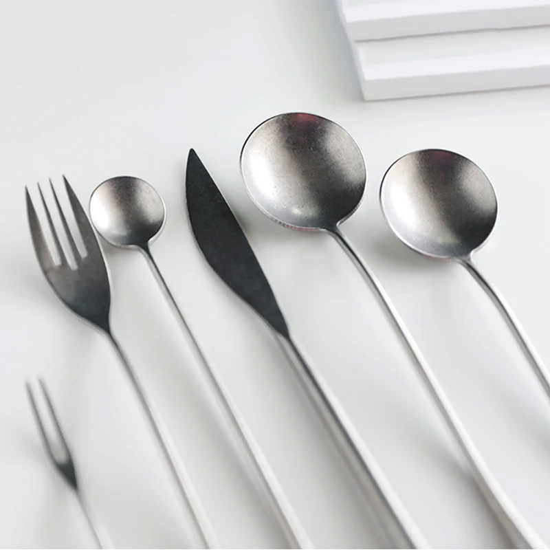 Silver 304 Stainless Steel Western Cutlery Set Retro Dinner Knife Fork Spoon Set Special Forks Coffee Tea Spoon Fruit Fork