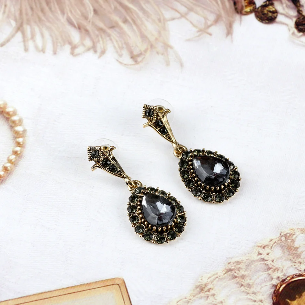 Sunspicems 2021 Bohemia Women Earring Small Full Grey Crystal Antique Gold Color Turkish Vintage Party Bridal Jewelry Gift