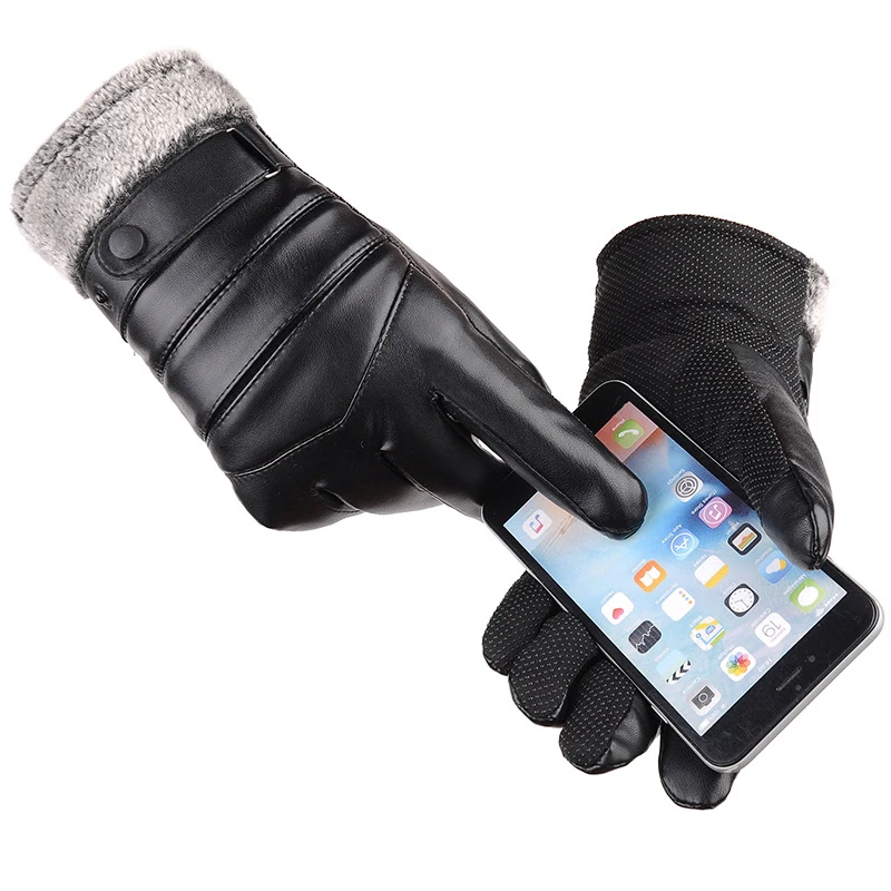 Guantes para conducción al aire libre para hombre, guantes cálidos de invierno, resistentes al viento, de cuero PU, resistentes al frío, además de terciopelo grueso con pantalla táctil, 2020