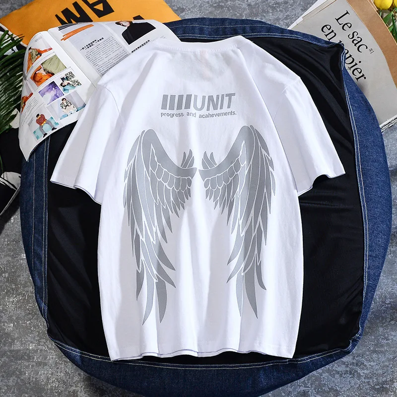 Summer Fashion Brand Men Short Sleeve Casual Printing Cotton Tshirts Luminous Reflective Wing T-shirt Hip Hop Streetwear Tops