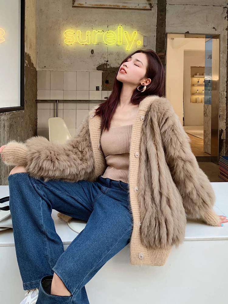 Real Fox fur Coat Women loose mid-length Strip Fox hooded Young Fashion 2021 New Style Winter Jacket