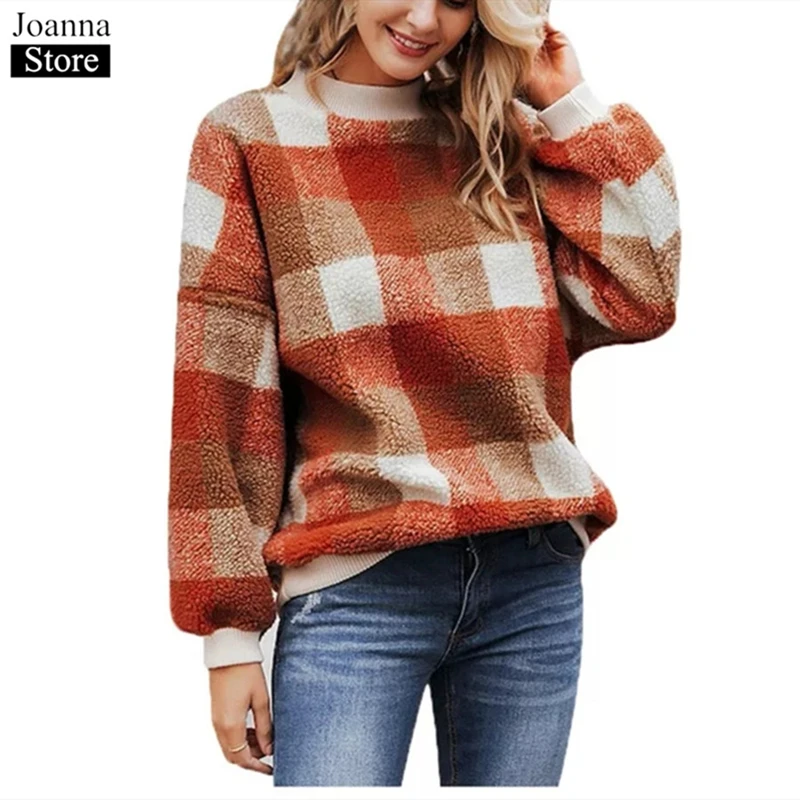 

Winter Faux Lamb Hair Plaid Printing Sweatshirt Female O-Neck Warm Furry Sweatshirt Plus Size Loose Vintage Women Casual Clothes