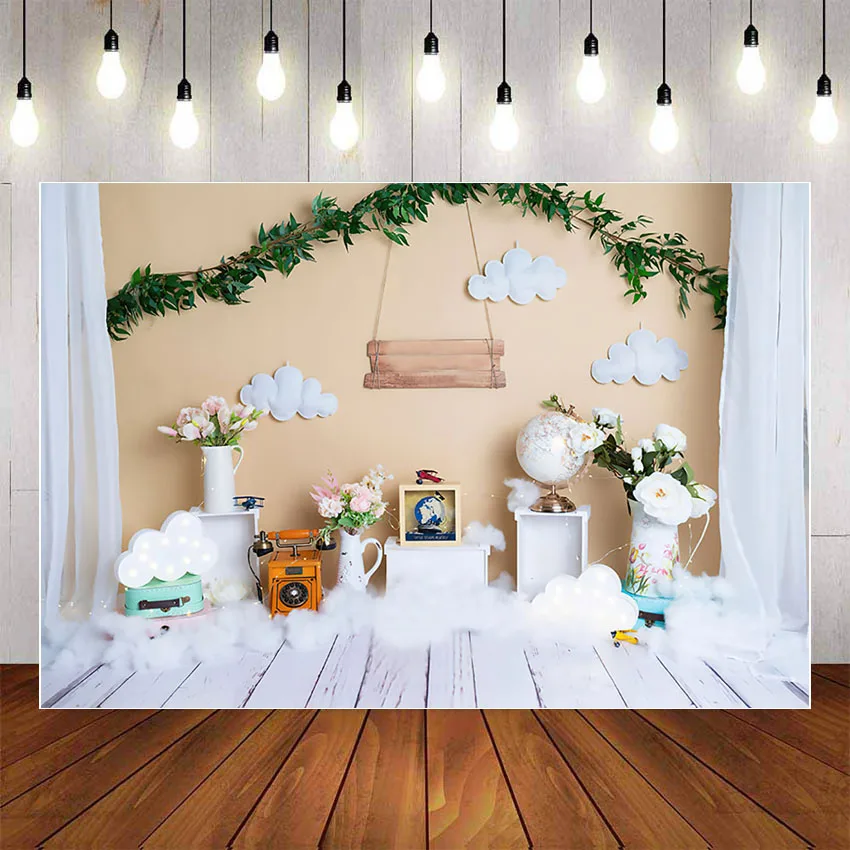 Mehofond Photography Background Green Plants Phone Globe Cloud Baby Shower Birthday Children Photophone Backdrop Photo Studio