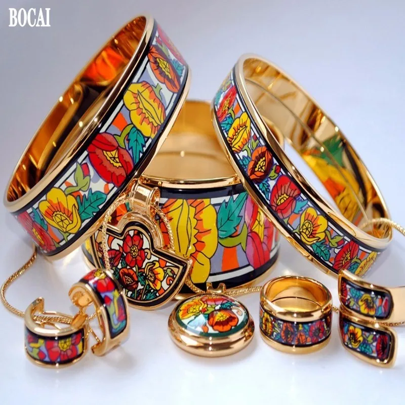 BOCAI 2021 Fashion New Poppy Flower Enamel Jewelry Set Plant Flower Cloisonne Woman Bracelet Pendant EarringS Jewelry