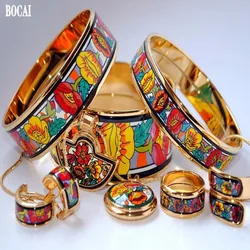 BOCAI 2021 Fashion New Poppy Flower Enamel Jewelry Set Plant Flower Cloisonne Woman Bracelet Pendant EarringS Jewelry