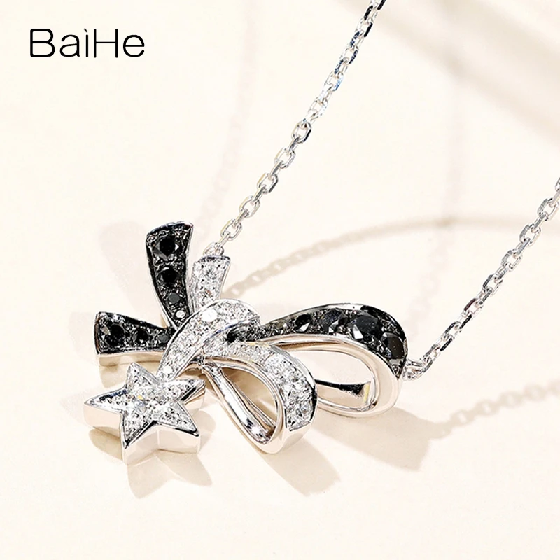 BAIHE Solid 18K White Gold Necklace Natural White Black Diamond Gentle Bowknot Star Necklace for Women Fine Jewelry Collares