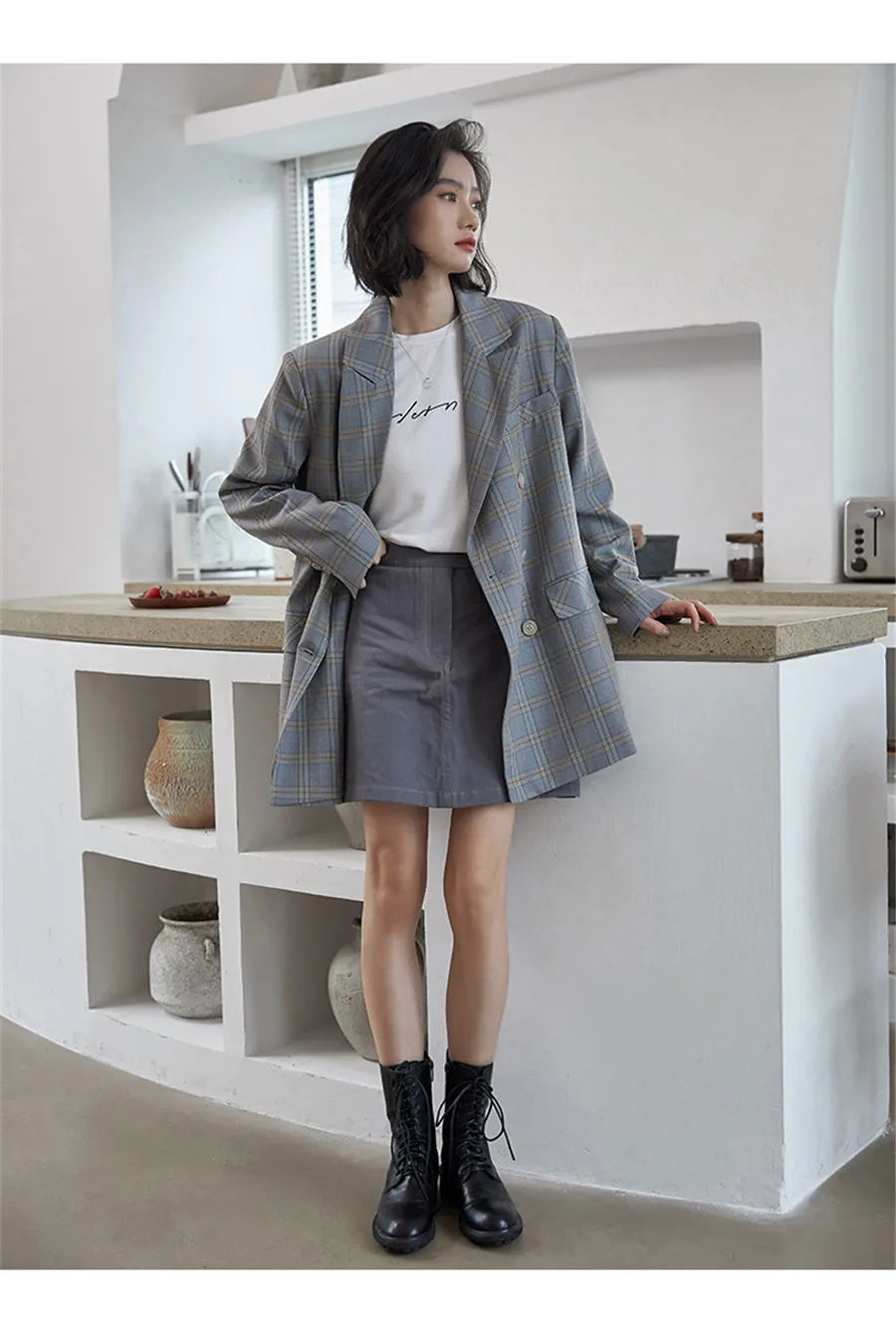 

Office Ladies Plaid Women Blazer Retro Double Breasted Autumn Jacket NICE Casual Pockets Female Suits Coat