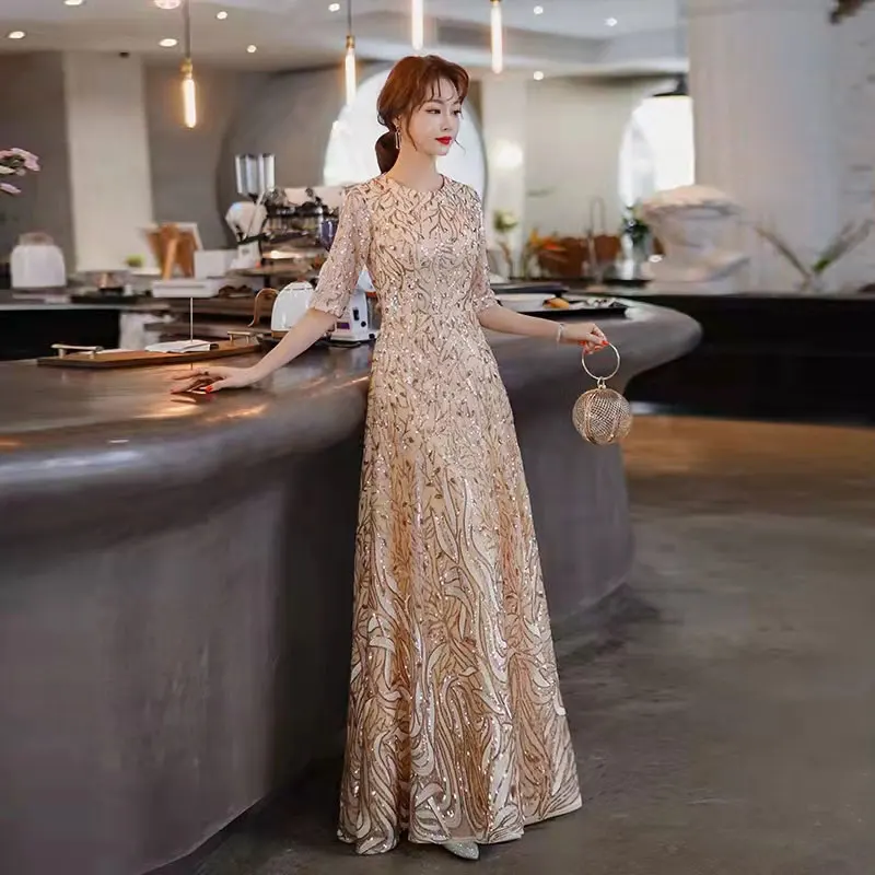 Вечерние платья Novo Luxo Ouro Lantejoulas Vestido de Noite de Banquete Elegante Metade Mangas Compridas Partido Prom Robe De Soirée Femme