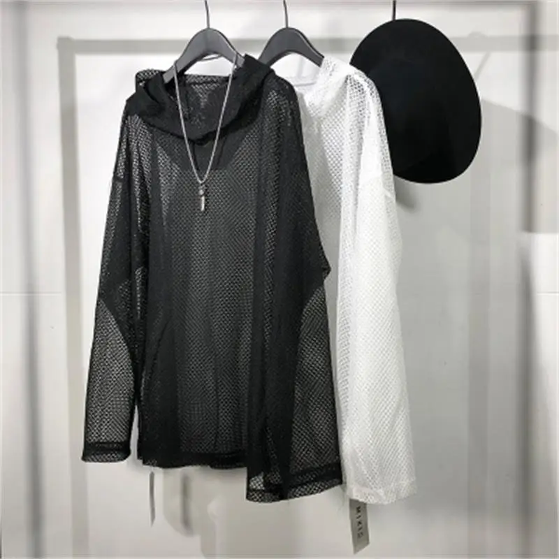 The original spring and summer tide male dark department loose hollowed-out Mesh Tide Card Hoodie street style hip-hop personali