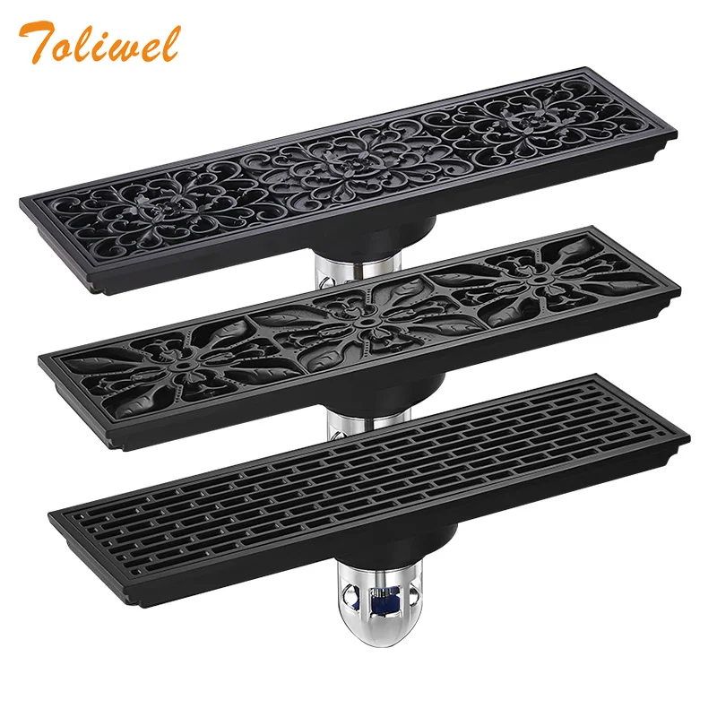 

Black Brass 8 x 28cm Bathroom Linear Shower Floor Drain Wire Strainer Waste Drainer Flower Carved WF0137