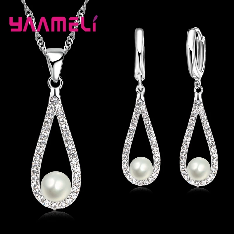 Pure 925 Sterling Silver Color CZ Crystal Water Drop Pearl Necklaces Pendant Chain Earrings Woman Fine Wedding Jewelry Set Gift