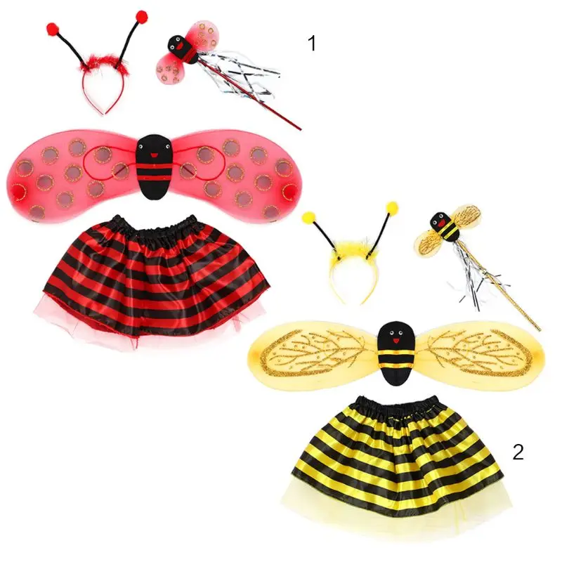 4Pcs/Set Kid Fairy Costume Set Ladybird Bee Glitter Cute Wing Striped Layered Tutu Skirt Wand Headband Dress Up Halloween Outfit