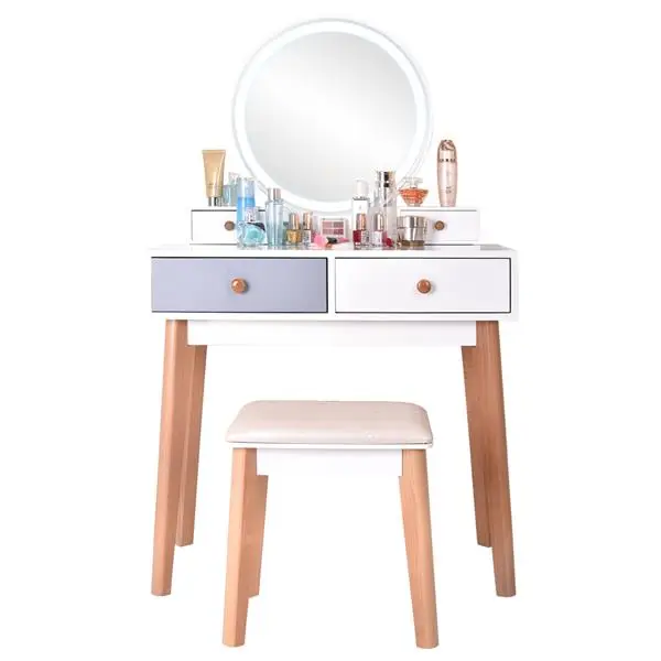 Dresser With Mirror Bedroom Light Luxury Real Wood Dressing Table Simple Makeup Table With Lamp Three Color Adjustable