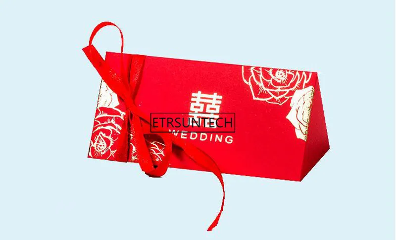 200pcs Marriage Chinese Style Red Golden Double Happiness Candy Box Ribbon Wedding Party Favor Gift Box