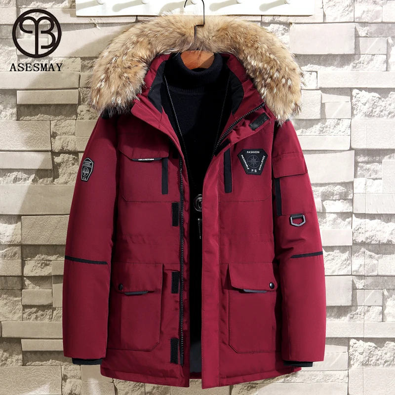 Asesmay Brand Clothing Men Down Jacket Thicken Casual Winter Men\'s Parkas Coat With Fur Hooded Long Down Coats Fashion Outerwear