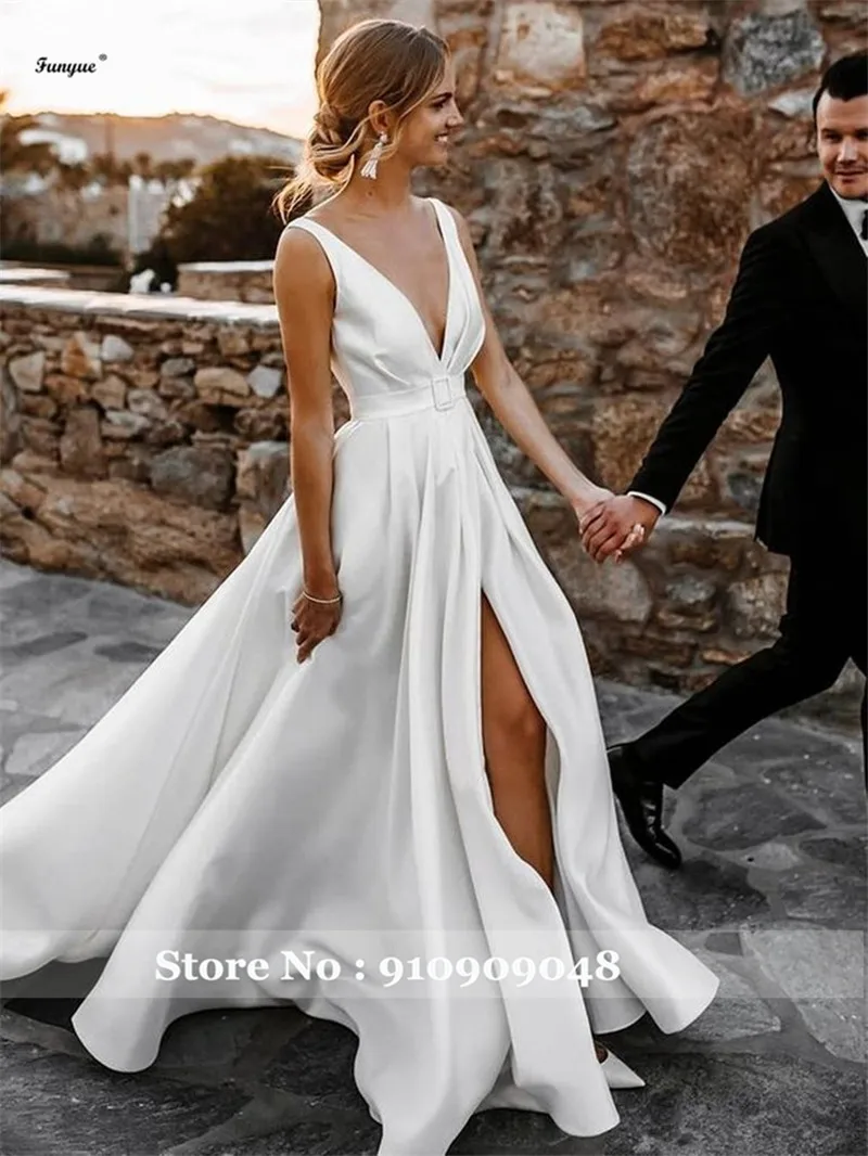 Vestido De Noiva Simples Sexy scollo a V abiti da sposa bianchi per la sposa a-line alta fessura in raso aperto indietro abiti da sposa 2022