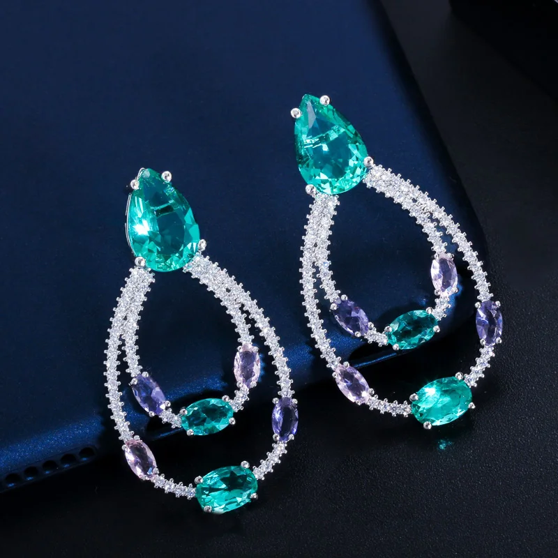 CWWZircons Designer Double Circle Drop Light Blue Cubic Zirconia Crystal Dangle Earrings Trendy Female Party Jewelry Gift CZ703