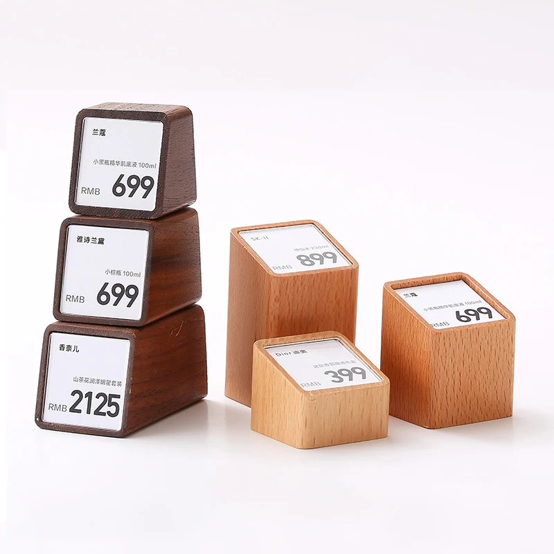 Wooden Price Tag Paper Holder Display Stand Table Mini Cube Desk Wine Jewelry Label Card Sign Tag Supermarket Store Supplies