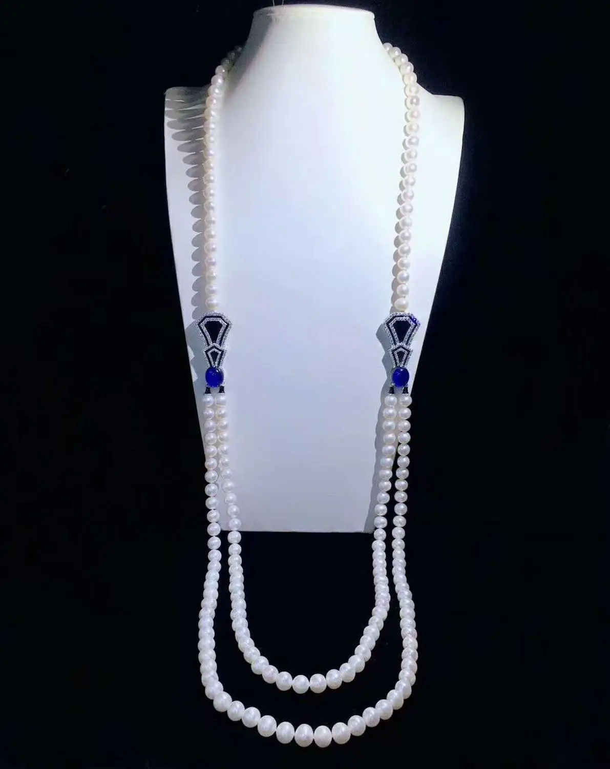 

Hand knotted 100-110cm 7-8mm white freshwater pearl blue micro inlay zircon accessories necklace