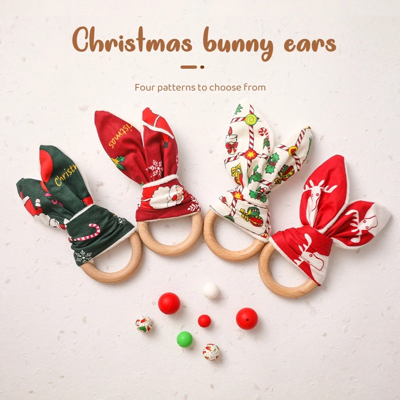 1Pc Baby Christmas Bunny Ear Bracelet Natural Wooden Circle Ring Infant Teether Pure Cotton Rattles Toys Christmas Gifts For Kid