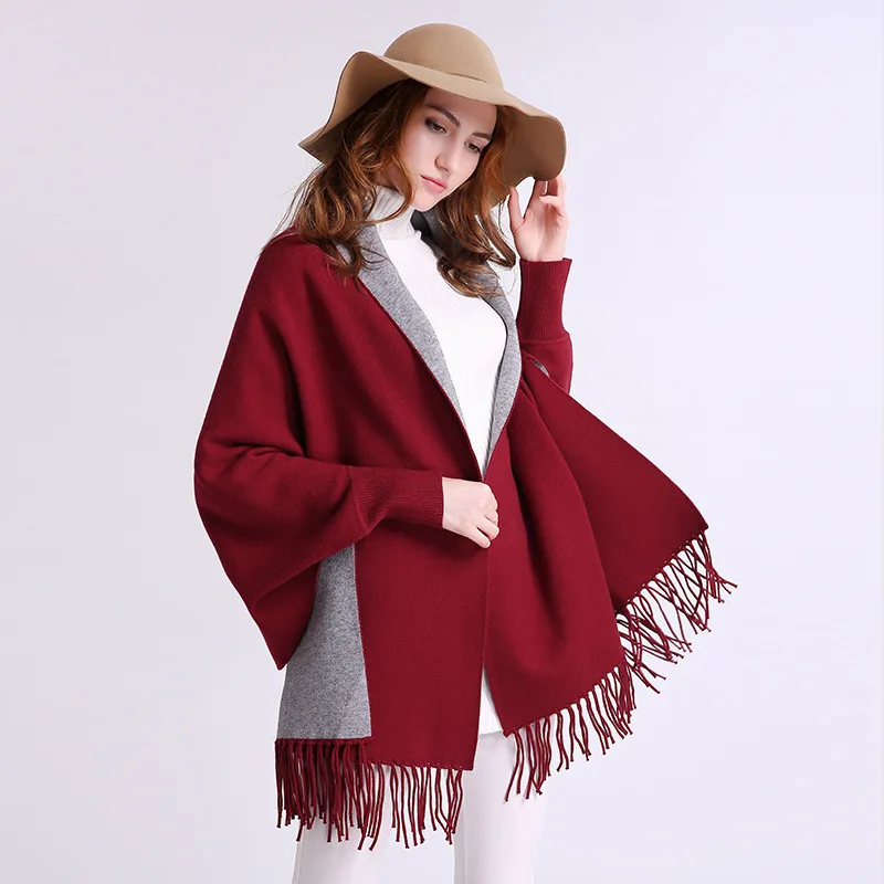 Women\'s Double Sided Color Tassel Knitted Shawl Wrap Plus Size Cardigan Poncho Cape Open Front Long Winter Sweater Coat Mujer