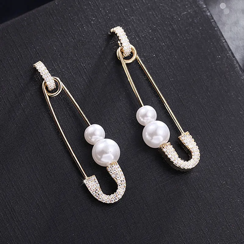 HUAMI 2021 New Design Korea Fashion Earring for Women Silver Color Needle U Shape Zircon Pearl Drop Earring Gold Color Retention