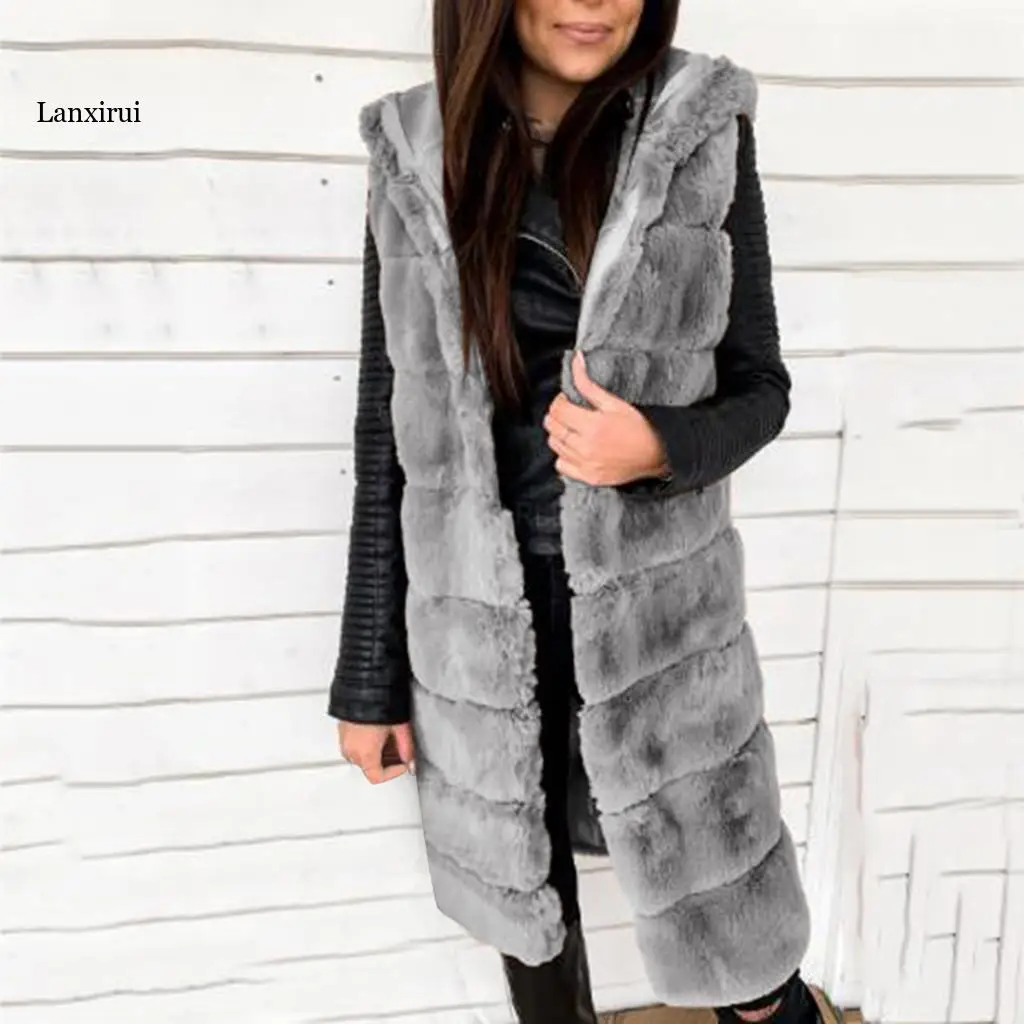 Winter Fluffy Coat Women Faux Fur Gilet Vest Sleeveless Waistcoat Body Warmer Hooded Jacket Outwear Chaquetas Mujer Outerwear