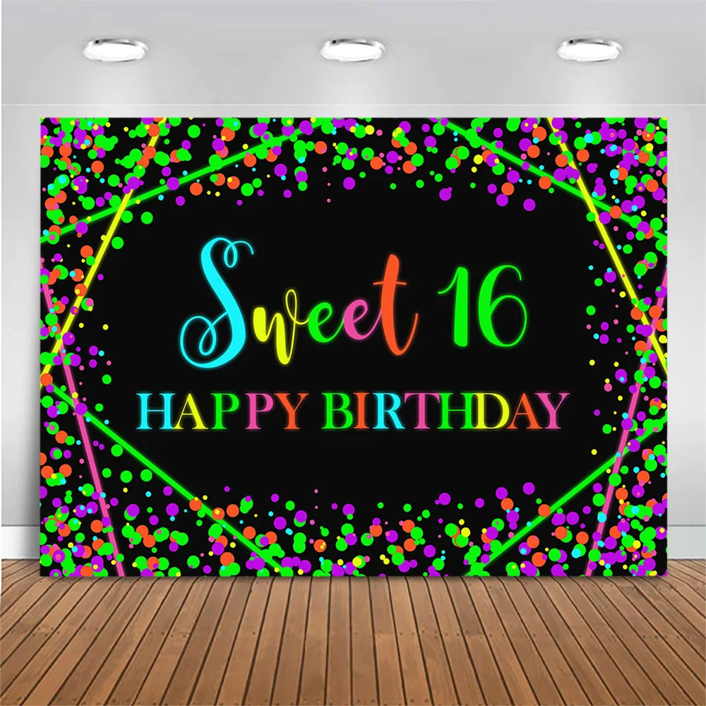 

MOCSICKA Sweet 16 Happy Birthday Backdrop Photography Splatter Glow Neon Party Decoration Customize Photo Background Photo Booth