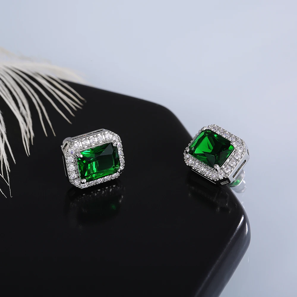 Huitan Ohrstecker mit rechteckigem/quadratischem grünem kubischem Zirkon für Damen, elegante Party-Accessoires, Jahrestagsgeschenk, zeitlose Damen-Ohrringe – Detail 7