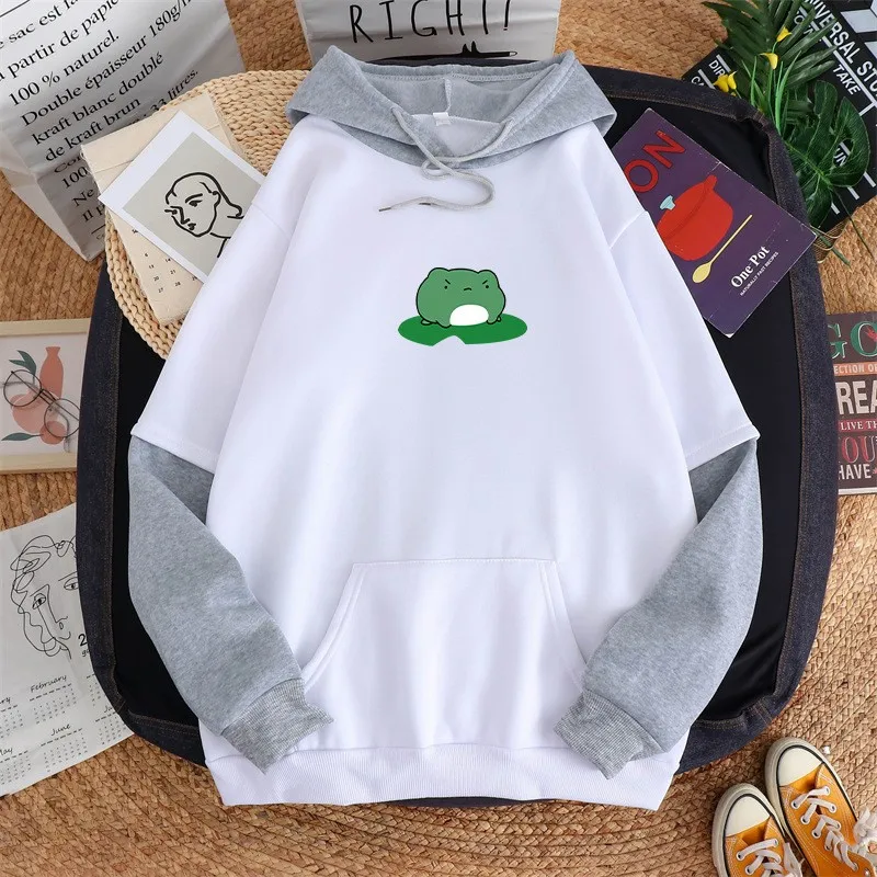 Winter Nieuwe Vrouwen Hoodies Casual Splicing Sweatshirt Cartoons Lotusblad Skateboard Kleine Kikker Print Harajuku Vrouwelijke Trui