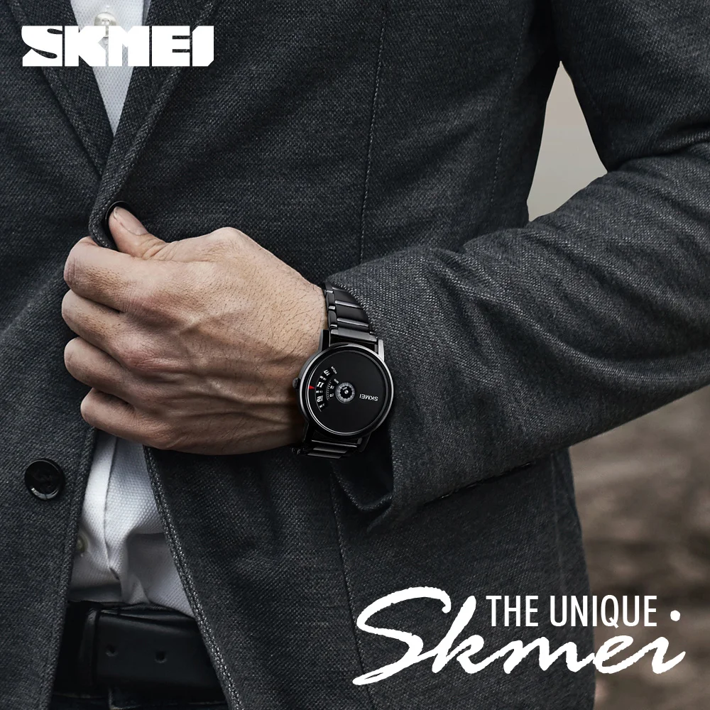 SKMEI Black Stainless Steel Watches for Men Creative No Pointer Dial Waterproof Quartz Wristwatch Fashion Business Men\'s Watch