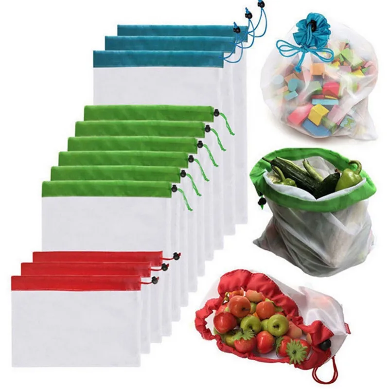 

12pcs/Lot 3 Sizes Eco-Friendly Reusable Mesh Produce Bag Washable Bags for Grocery Holder Fruit Vegetable Organizer Pouc Storage