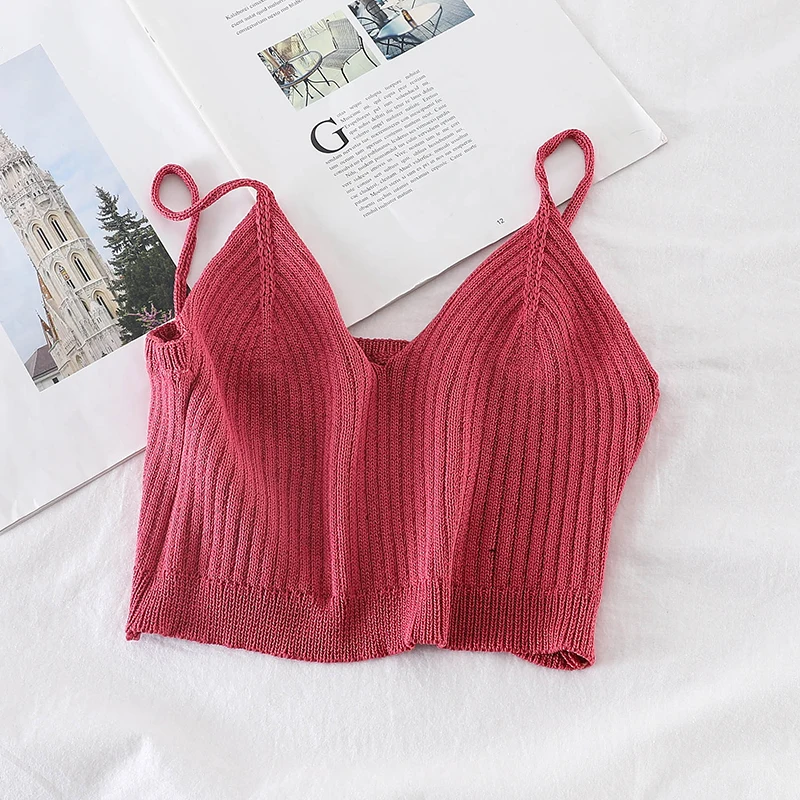 OUMEA Knitted Tops Summer Womer Spaghetti Crop Tops Kawaii Knit Short Camisole Solid Color Hot Crop Camis Top For Holiday Chic