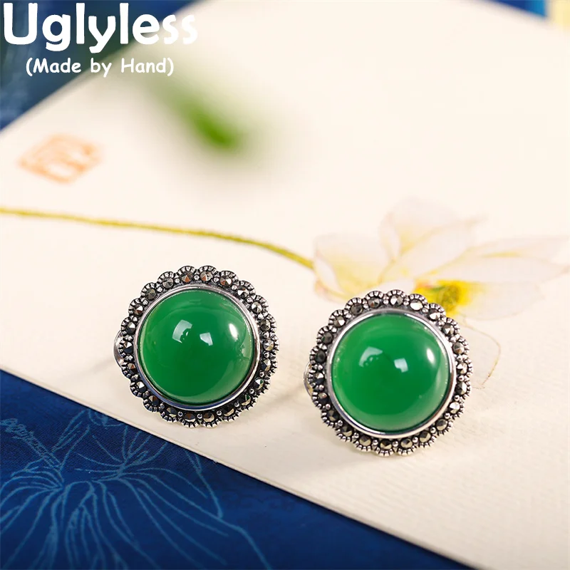 

Uglyless Elegant Dress Semi-precious Stones Chalcedony Studs Earrings for Women 925 Sterling Silver Brincos Marcasite Jewelry