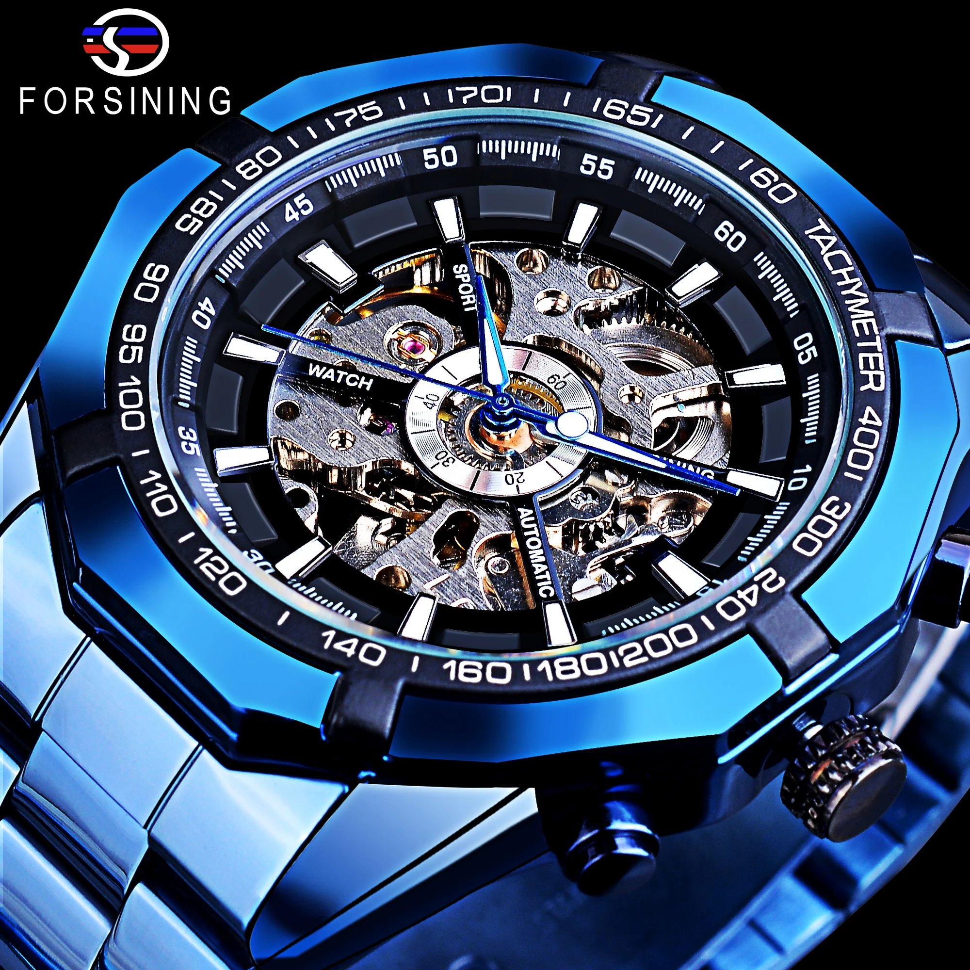 Forsining Mechanical Men\'s Wristwatch Skeleton Hollow Automatic Watch 3Bar Stainless Steel Men Watches Blue Fashion Reloj Hombre