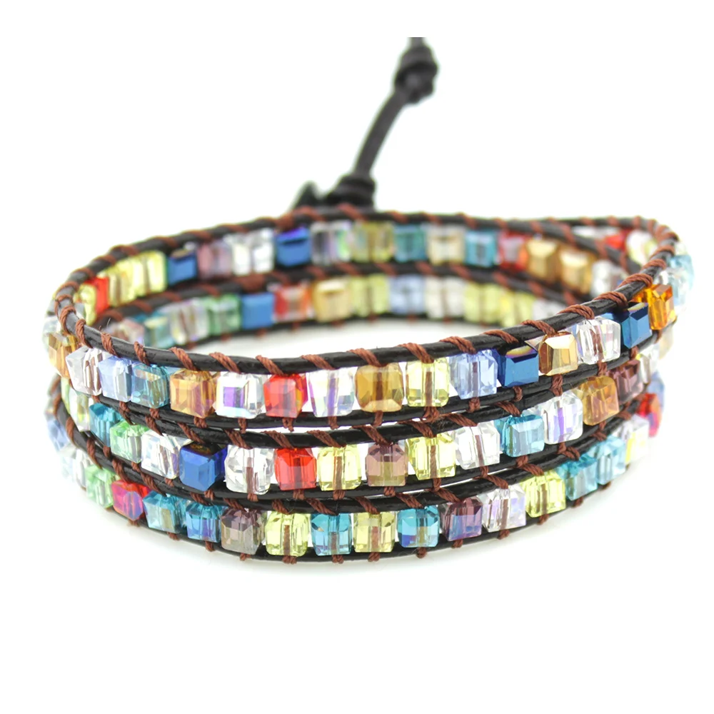 Multicolor Square Crystal Beads Boho Wrap Bracelet for Women 7 Chakra Healing Crystals Bracelets in Bulk Friendship Jewelry