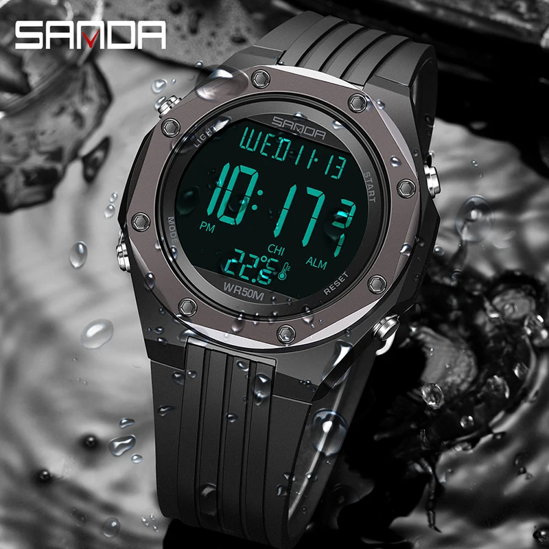 SANDA NEW Fashion Military Men\'s Watches Body Temperature Monitor 50M Waterproof Sports Watch LED Electronic Wristwatches 6028