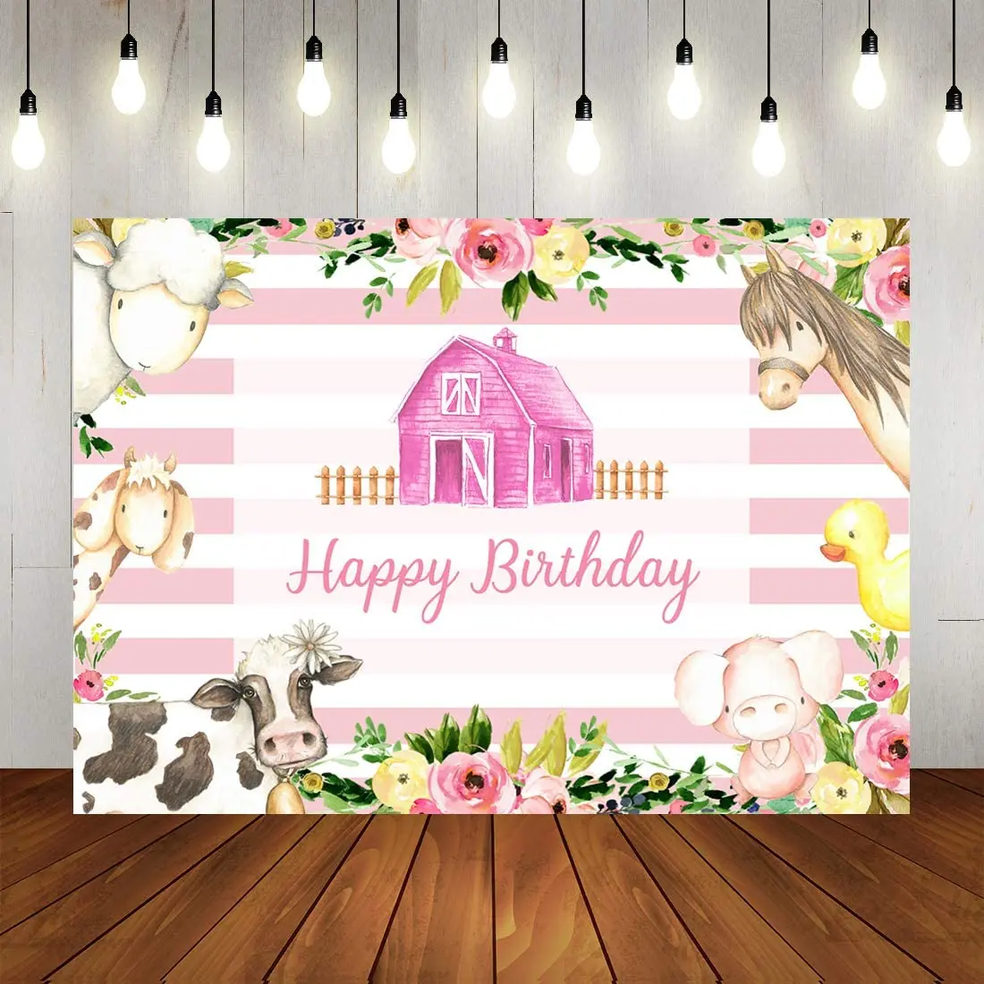 

Pink Farm Theme Girl Birthday Party Photography Backdrop Cartoon Animals Rustic Country White And Pink Stripes Floral Background