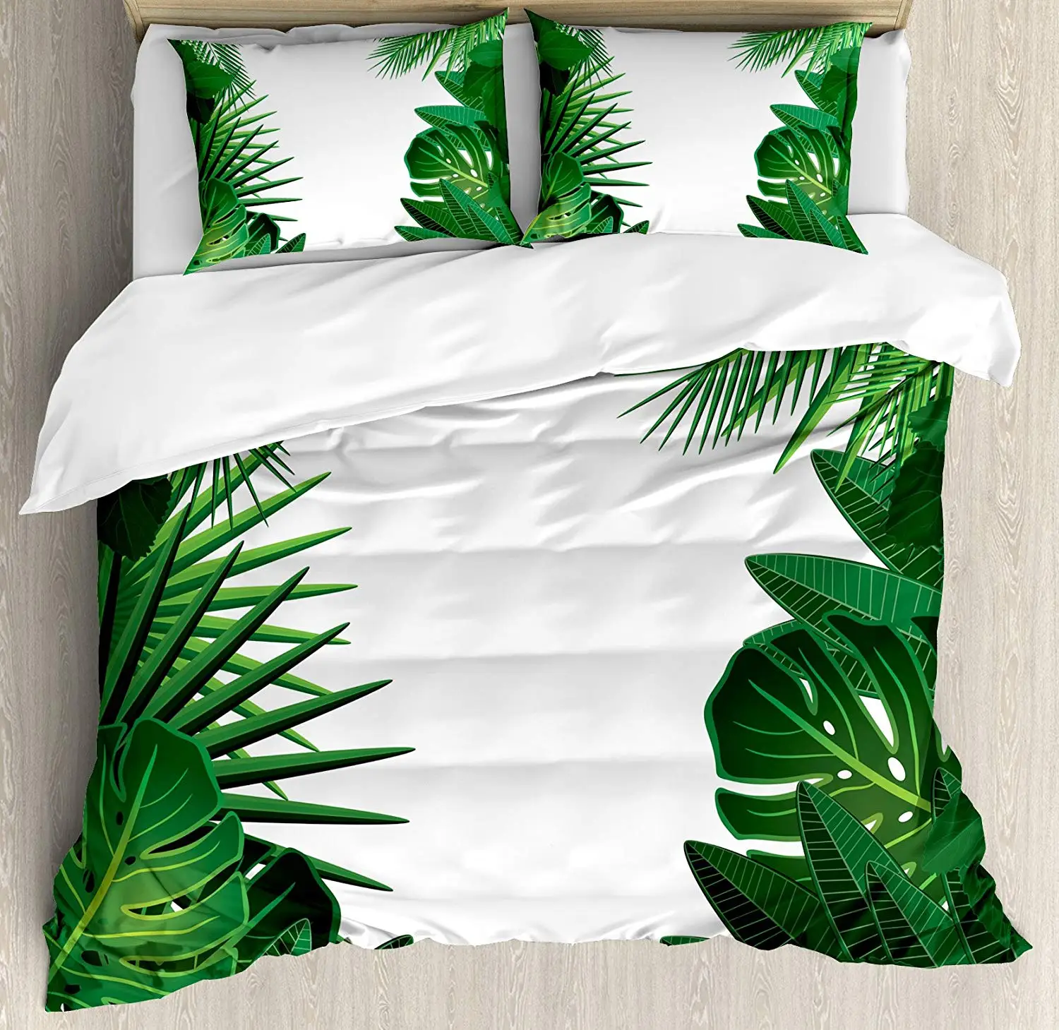 Leaf Duvet Cover Set Exotic Fantasy Hawaiian Tropical Palm Leaves with Floral Graphic Artwork Print Decorative 3 Piece Bedding