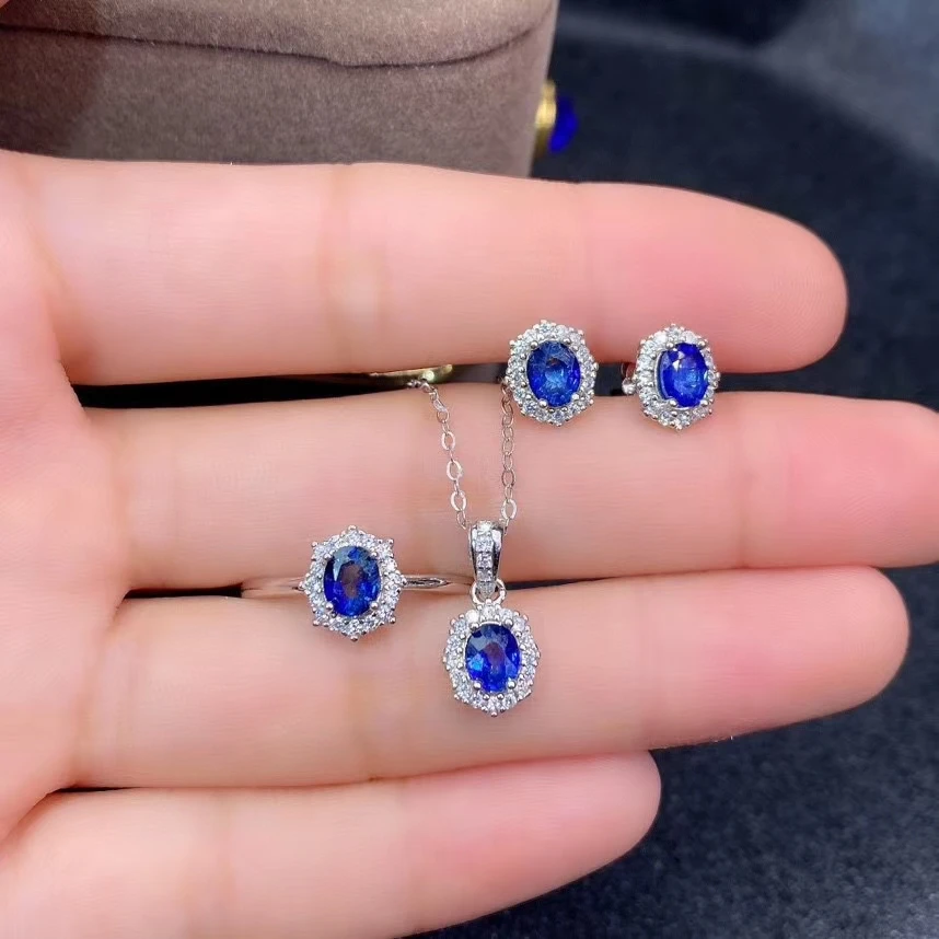 KJJEAXCMY fine Jewelry 925 sterling silver inlaid natural sapphire fashion pendant ring earring set support test Chinese style