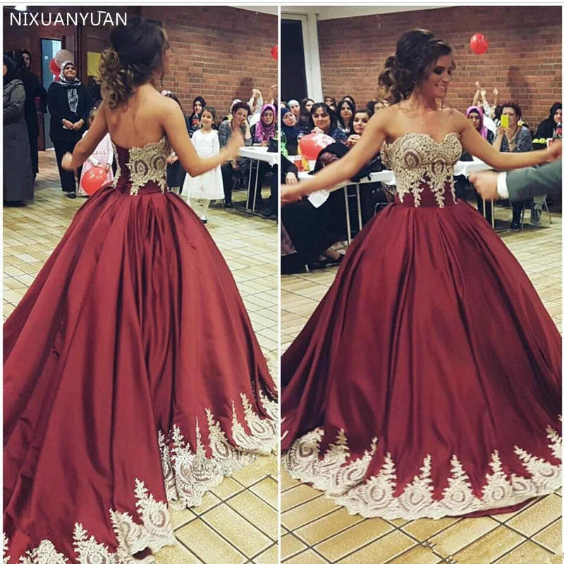 Vestidos elegantes de renda dourada, vestidos de baile de cetim borgonha com apliques, sweet 16 vestidos de festa