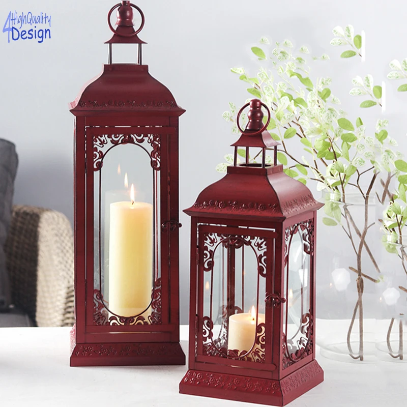 European Candle Holder Retro Red Wrought Iron Creative Home Decoration Carved Romantic Wedding Floor Lantern Ornaments Leading T