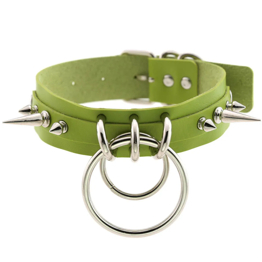 Emo Spike Choker Punk Collar Green Goth Necklace Trendy Vegan Leather Belt Chocker Accessories Harajuku Gothic Jewelry Halloween